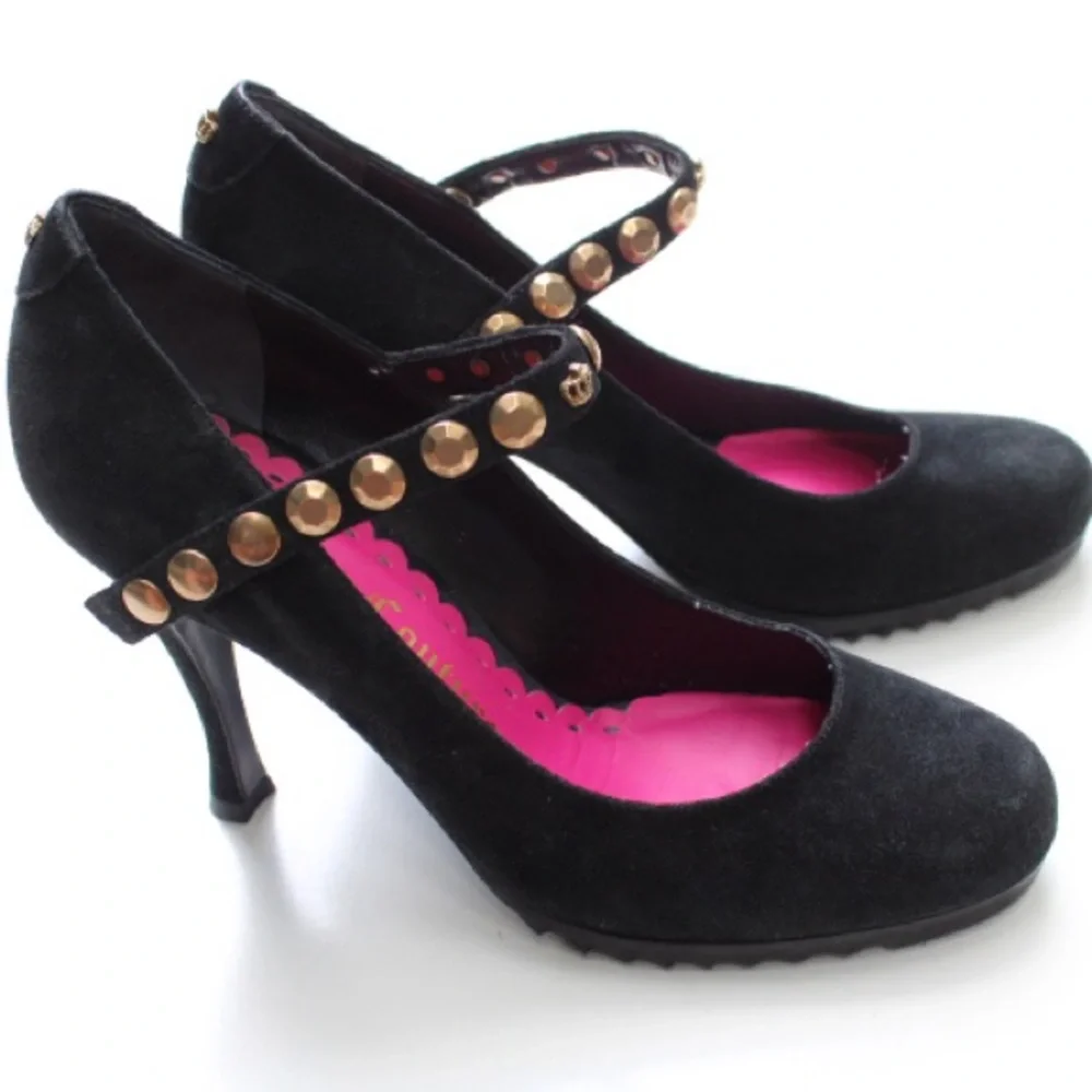 Juicy Couture Black Suede Mary Jane Heels with Gold Studs and Pink Lining